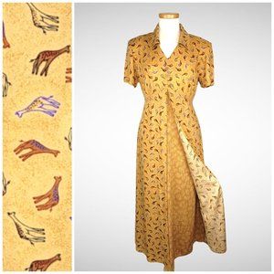 1990s Gold Giraffe Novelt Print Tie Back Dress Faux Open Front Short Sleeves